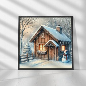 Cozy Winter Cabin in the Snow Printable Art Digital Download, Wall Art Print | Square Prints | Print up to 30&quot;