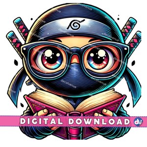 Ninja avec des lunettes de lecture à livre ouvert PNG en téléchargement numérique Clipart - oeuvre d'art imprimable pour Dtg Dtf vêtements tasses T-shirts impression Design par sublimation