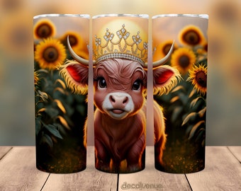 Baby Highland Cow Crown Sunflowers Eyelashes 20 oz Skinny Tumbler Wrap Seamless Printable Sublimation Art Print Design PNG Digital Download