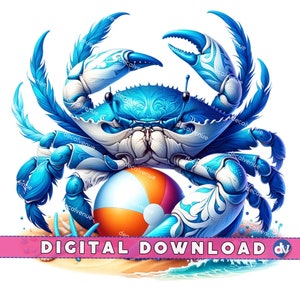 Blue Sand Crab with Beach Ball PNG Digital Download Clipart - Printable Art for Dtg Dtf Apparel Mugs T-Shirts Sublimation Design Print