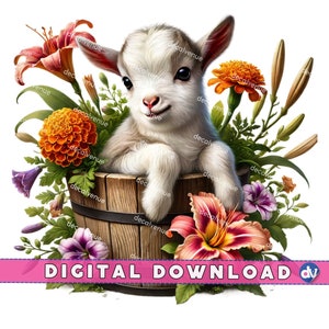 Baby Goat Peeking Out of Flower Pot PNG Download digitale Clipart - Arte stampabile per Dtg Dtf Abbigliamento Tazze T-shirt Sublimazione Design Stampa