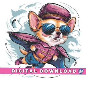 Stylish Chihuahua Dog Superhero Clipart PNG Digital Download - Printable Art for DTG Mugs T-Shirts Sublimation Design Print