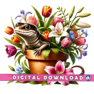 May include: A brown and black lizard sits in a terracotta flower pot with a variety of colourful flowers, including pink, red, white, and blue.