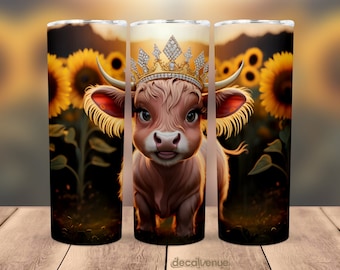 Baby Highland Cow Crown Eyelashes Sunflowers 20 oz Skinny Tumbler Wrap Seamless Printable Sublimation Art Print Design PNG Digital Download