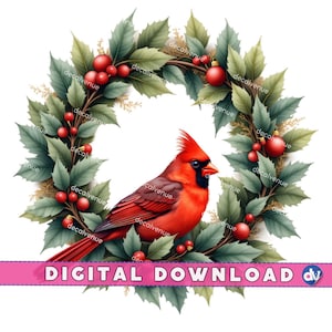 Roter Kardinal Vogel in einem Weihnachtskranz PNG Digital Download Clipart Druckbare Kunst Dtg Dtf Tassen T-Shirts Sublimation Design Print