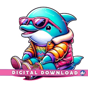 トレンディなイルカ PNG デジタルダウンロード、印刷可能、クールなイルカアート、ファンキーなイルカのイラスト、ギフト用のかわいいイルカプリント