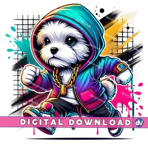 Maltés perro sudadera con capucha Urban Vibes PNG Descarga digital Clipart - Arte imprimible para Dtg Dtf Ropa Tazas Camisetas Sublimación Diseño Impresión