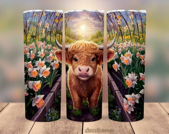 Highland Cow Daffodil Flower Garden 20 oz Skinny Tumbler Wrap - Seamless Printable Sublimation Art Print Design - PNG Digital Download