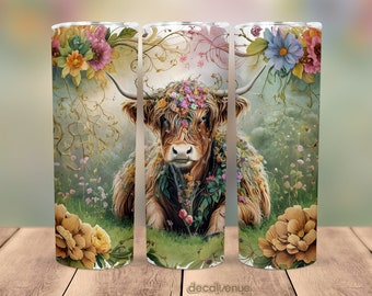 Highland Cow Flowers 20 oz Skinny Tumbler Wrap - Seamless Printable Sublimation Art Print Design - PNG Digital Download - Commercial Use