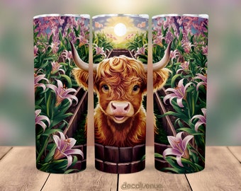 Highland Cow Lily Flower Garden 20 oz Skinny Tumbler Wrap - Seamless Printable Sublimation Art Print Design - PNG Digital Download