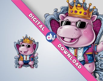 Hippo Sitting on Throne Wearing Crown Clipart PNG Digital Download - Printable Art for DTG Mugs T-Shirts Sublimation Design Print