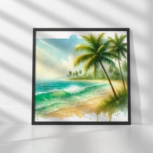 Tropical Paradise - Watercolor Palms and Ocean Waves Printable Art Digital Download, Wall Art Print | Square Prints | Print up to 30&quot;
