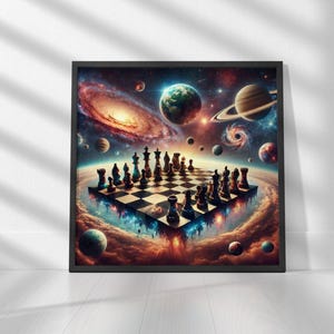 Galactic Chess - Space-Themed Chessboard with Planets and Stars Printable Art Digital Download, Wall Art Print | Square | Print up to 30"