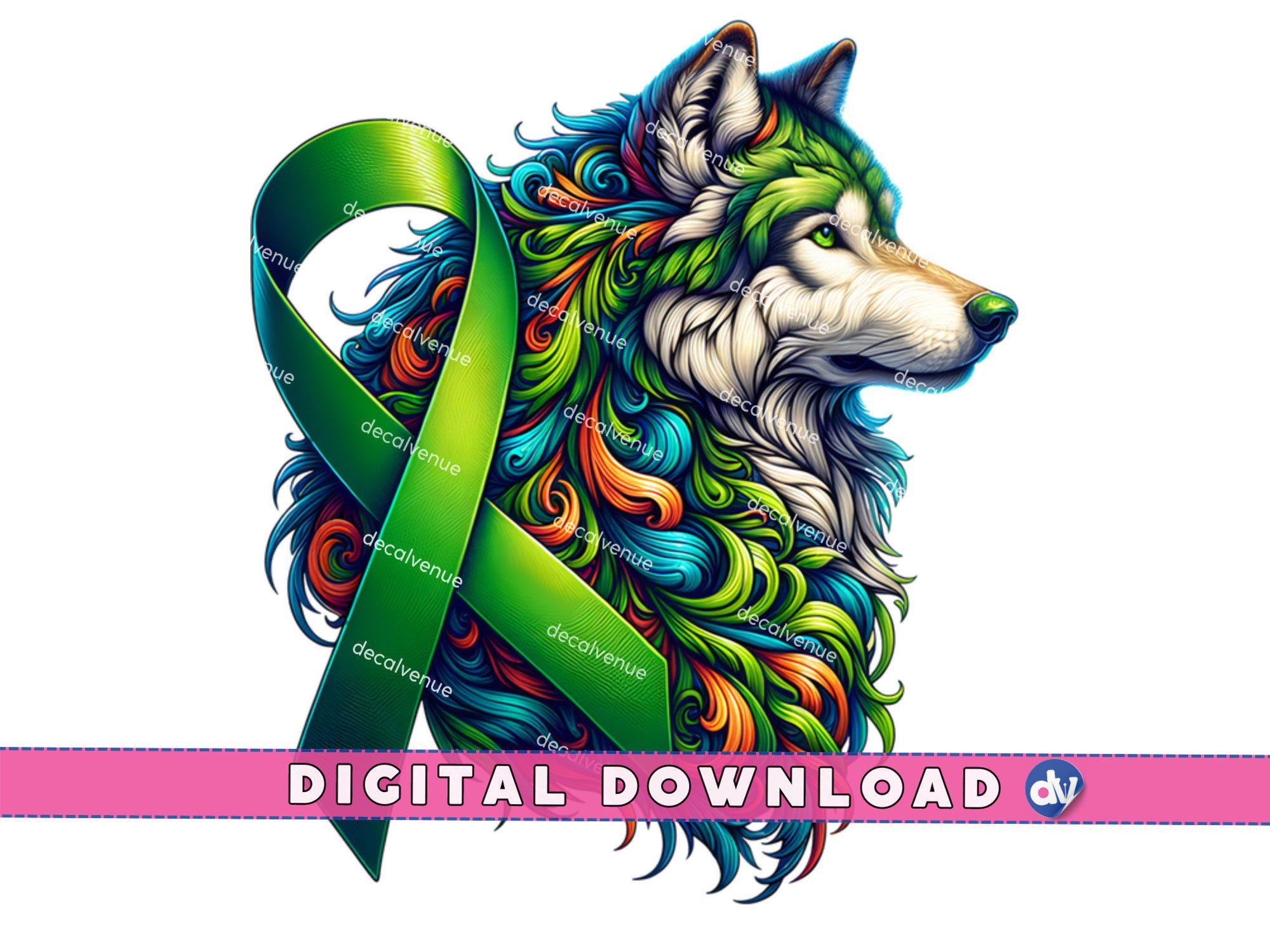 Wolf Green Ribbon Kidney Cancer Awareness PNG Digital Download Clipart Printable Art Dtg Dtf Mugs T-Shirts Sublimation Design Print