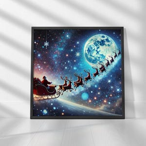 Sternenhimmel Schlitten - Santa Schlitten fliegen über einen Sternenhimmel druckbare Kunst digitaler Download, Wand Kunst Druck | Quadratische Drucke | Druck bis 30"