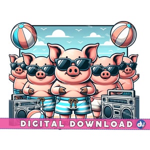 Pig Summer Beach Party Gafas de sol Boombox Clipart PNG Descarga digital Arte imprimible para DTG Ropa Tazas Camisetas Sublimación Diseño Impresión