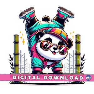 Hipster Panda Handstand en Bamboo Stick Clipart PNG Descarga digital - Arte imprimible para DTG Ropa Tazas Camisetas Sublimación Diseño Impresión