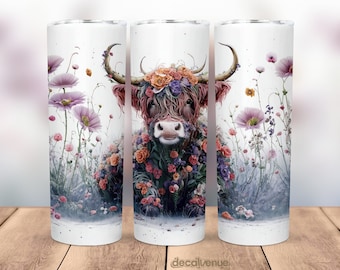 Highland Cow Flowers 20 oz Skinny Tumbler Wrap - Seamless Printable Sublimation Art Print Design - PNG Digital Download - Commercial Use