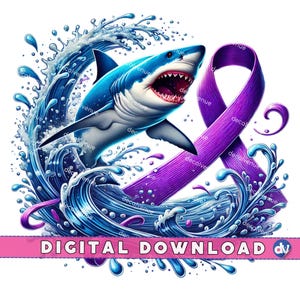 Shark Purple Awareness Ribbon PNG Digital Download Clipart Printable Art Dtg Dtf Mugs T-Shirts Sublimation Design Print