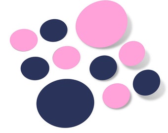 Navy Blue / Pink Vinyl Polka Dot Wall Decals Circles Stickers (Peel & Stick Decal Circle Dots) Nursery Kids Room Bathroom Decor Kit