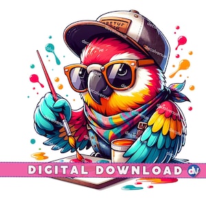 Hipster Parrot Painting a Masterpiece Clipart PNG Digital Download - Printable Art for DTG Apparel Mugs T-Shirts Sublimation Design Print
