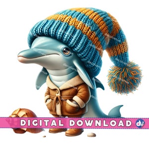 Gnomo delfino con conchiglia PNG Download digitale Clipart stampabile arte Dtg Dtf tazze t-shirt sublimazione Design stampa