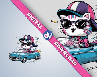 Cat Driving Convertible Clipart PNG Digital Download - Printable Art for DTG Mugs T-Shirts Sublimation Design Print