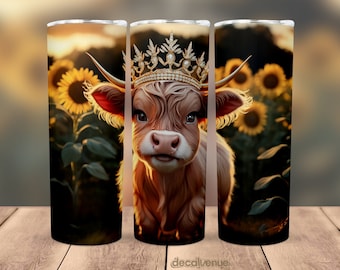 Baby Highland Cow Crown Princess Sunflowers 20 oz Skinny Tumbler Wrap - Seamless Printable Sublimation Art Print Design PNG Digital Download