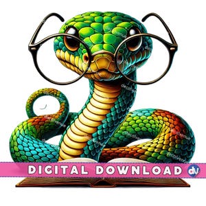 Snake With Reading Glasses Open Book PNG Digital Download Clipart Printable Art Dtg Dtf Mugs T-Shirts Sublimation Design Print