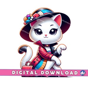 Trendy Cat Fashionable Art, Digital Download, PNG Printable, Cute Cartoon Illustration, Stylish Feline Decor, Adorable Kitty Picture