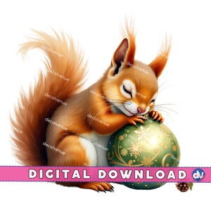 Écureuil dormant sur une boule de Noël PNG en téléchargement numérique Clipart imprimable Art Dtg Dtf Mugs T-Shirts Sublimation Design impression