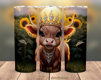 Baby Highland Cow Crown Princess Sunflowers 20 oz Skinny Tumbler Wrap - Seamless Printable Sublimation Art Print Design PNG Digital Download