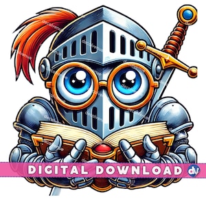 Ritter mit Lesebrille offenes Buch PNG Digital Download Clipart druckbare Kunst für Dtg Dtf Bekleidung Tassen T-Shirts Sublimation Design Print
