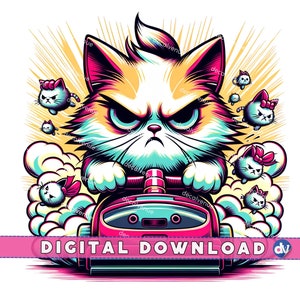 Gráfico de conquista al vacío de Angry Cat, arte de estilo de dibujos animados retro, descarga digital PNG, obra de arte de Grumpy Kitty, decoración imprimible, arte de sublimación