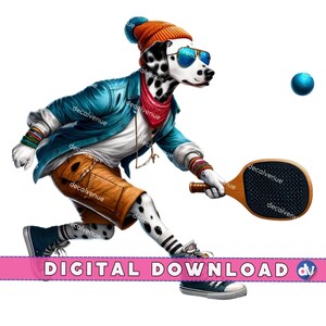 Trendy Dalmatian Dog Playing Pickleball PNG Digital Download Clipart - Printable Art for Dtg Dtf Apparel T-Shirts Sublimation Design Print