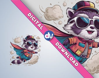 Raccoon Wearing Superhero Cape Clipart PNG Digital Download - Printable Art for DTG Mugs T-Shirts Sublimation Design Print