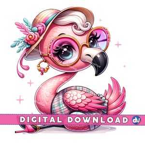 Trendy Pink Flamingo Illustration, Digital Download, Cute Flamingo Art, PNG Printable, Animal Art, Vintage Accessories, Hat, Stylish