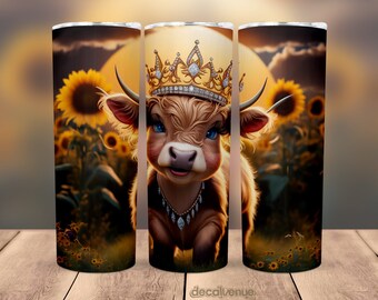 Baby Highland Cow Crown Sunflowers 20 oz Skinny Tumbler Wrap - Seamless Printable Sublimation Art Print Design - PNG Digital Download