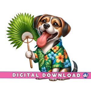 Dog in Hawaiian Shirt Holding Palm Leaf Fan Clipart PNG Digital Download - Printable Art for DTG Apparel Mugs T-Shirts Sublimation Design