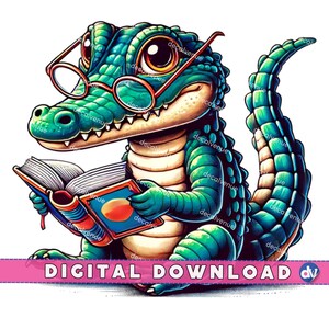 Crocodile avec des lunettes de lecture livre ouvert PNG en téléchargement numérique Clipart - oeuvre d'art imprimable pour Dtg Dtf vêtements T-shirts impression Design par sublimation
