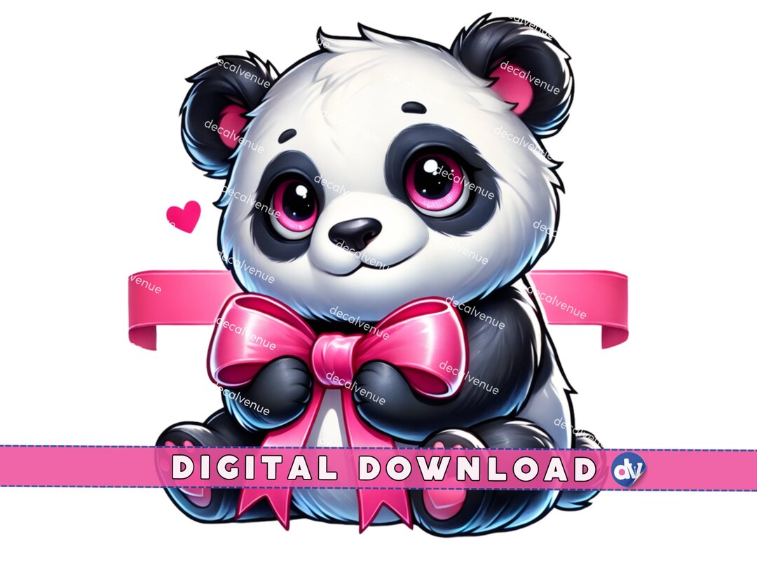 Cute Panda Holding Pink Ribbon PNG Digital Download Clipart Printable ...