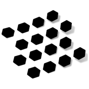 May include: A black and white geometric pattern of hexagons arranged in a diagonal line. The hexagons are all the same size and shape, and they are arranged in a staggered pattern.
