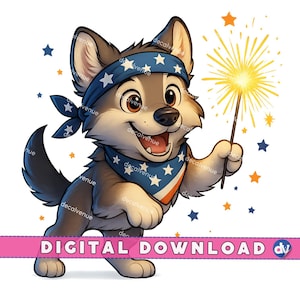 Loup tenant un cierge magique du 4 juillet patriotique PNG en téléchargement numérique Clipart imprimable Art Dtg Dtf Mugs T-Shirts Sublimation Design impression