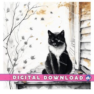 Cat on Autumn Porch Sumi-e Japanese Ink Wash Printable Art Digital Download, Wall Art Print | Square Prints | Print up to 30&quot;