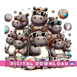 Hippo Beach Party Sunglasses Boombox Clipart PNG Digital Download - Printable Art for DTG Apparel Kubki Koszulki Sublimacja Projekt Drukuj