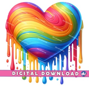 Colorful Rainbow Heart Dripping Paint PNG, Vibrant Digital Download, Modern, LGBTQ Pride Symbol, High Resolution Graphic, Pride Month, LGBT