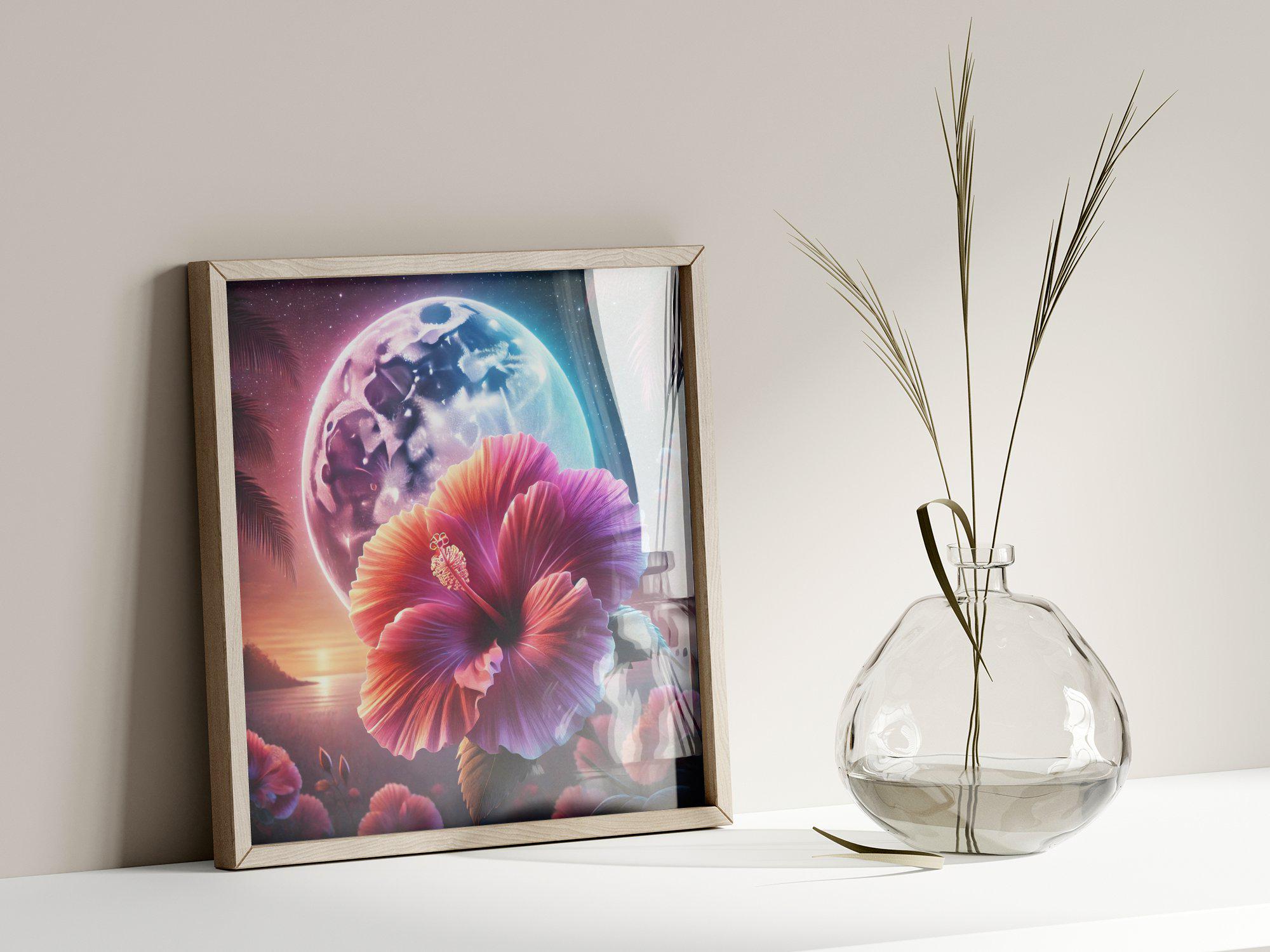 月明かりに照らされたハイビスカスのプリント、トロピカルフローラル