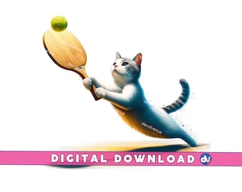 May include: A white and gray cat with blue eyes is playing tennis. The cat is holding a wooden tennis racket and a yellow tennis ball is in the air. The cat is on a wooden floor.