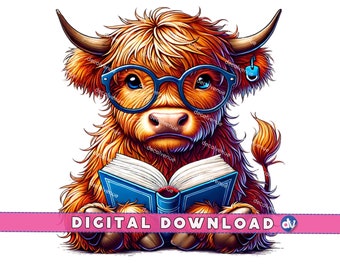 Highland Cow With Reading Glasses Open Book PNG Digital Download Clipart - Printable Art for Dtg Dtf Mugs T-Shirts Sublimation Design Print