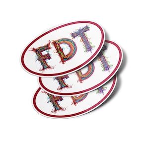 FDT Oval Vinyl Bumper Stickers Decals - Ornate FDT Letters - Colorful Abstract Elemental Typography